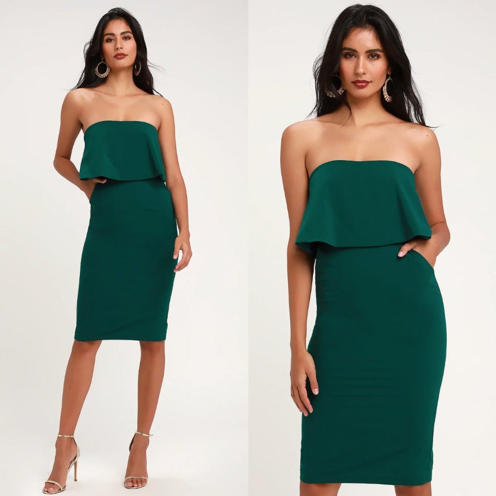 Lulu's Lots of Love Emerald Green Strapless Midi Dress Wedding Guest Dress, Sz L - Picture 2 of 5